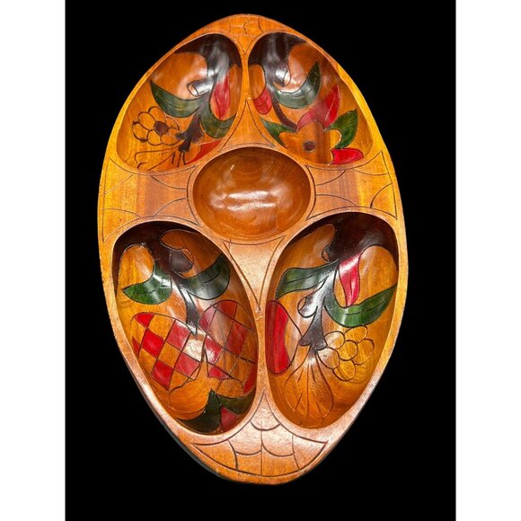 VTG MCM Hand-Carved Exotic Wood Divided Serving Bowl W/ Hand-Painted Floral Desi - Picture 8 of 13